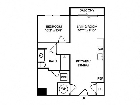 Floor plan for 1 bed, 1 bath, 624 sqft